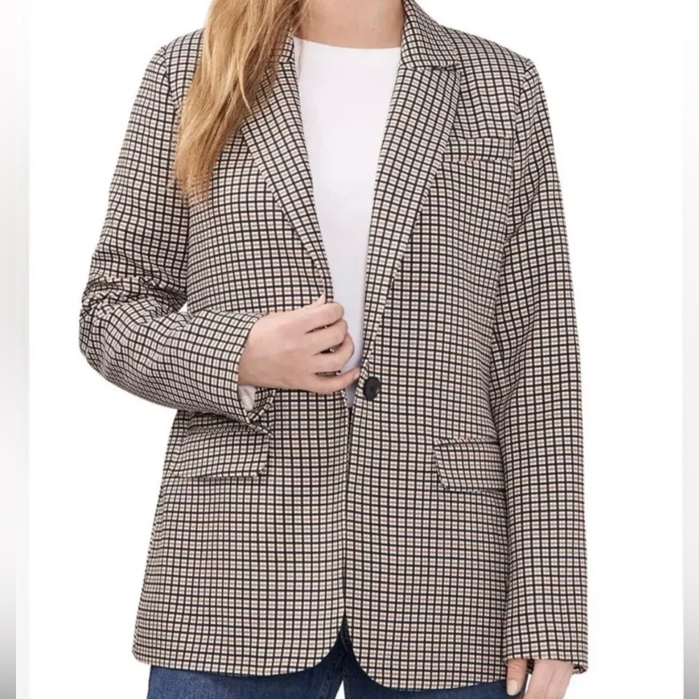 Vince‎ Camuto Plaid One Button Lined Blazer Faux Pockets Lightweight